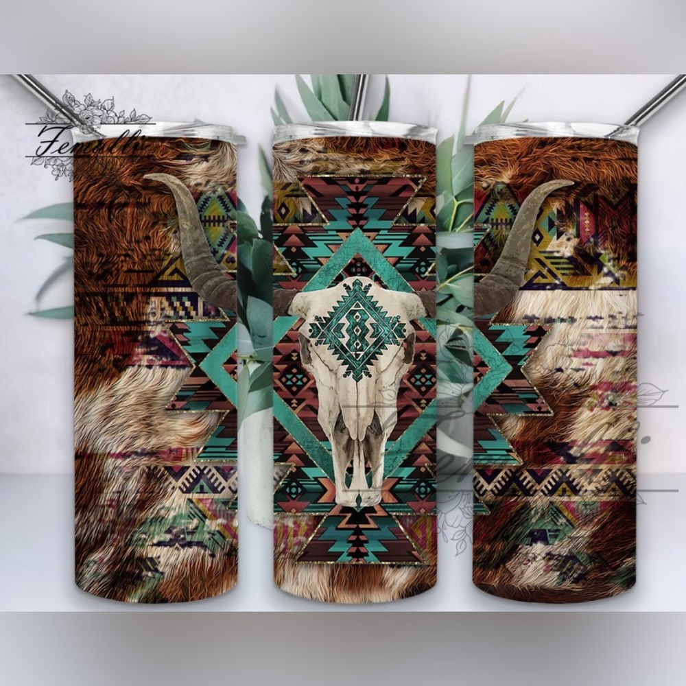Western Cow Skull‎ Themed 20 oz Tumbler with straw, lid, and straw cleaner.